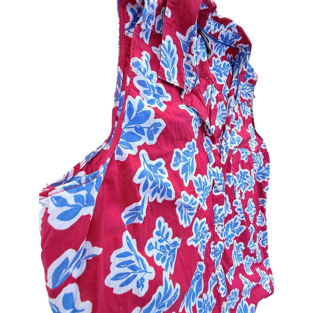 STJB Womens Red Blue Floral Leaf Sleeveless Button-Down Cotton Shirt 4th of July - Picture 5 of 8